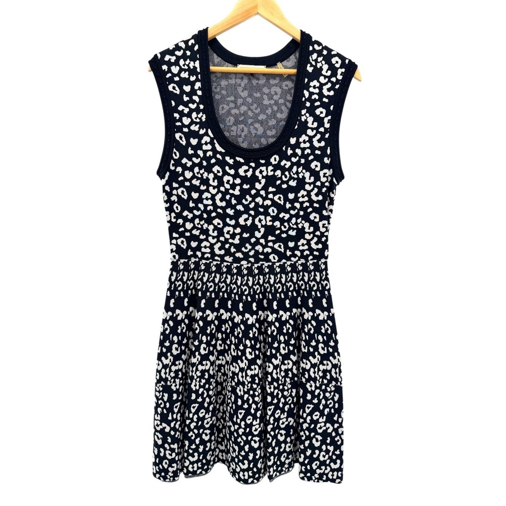 Rebecca Taylor Black White Leopard Print Knit‎ Fit Flare Dress L Mod Work Preppy